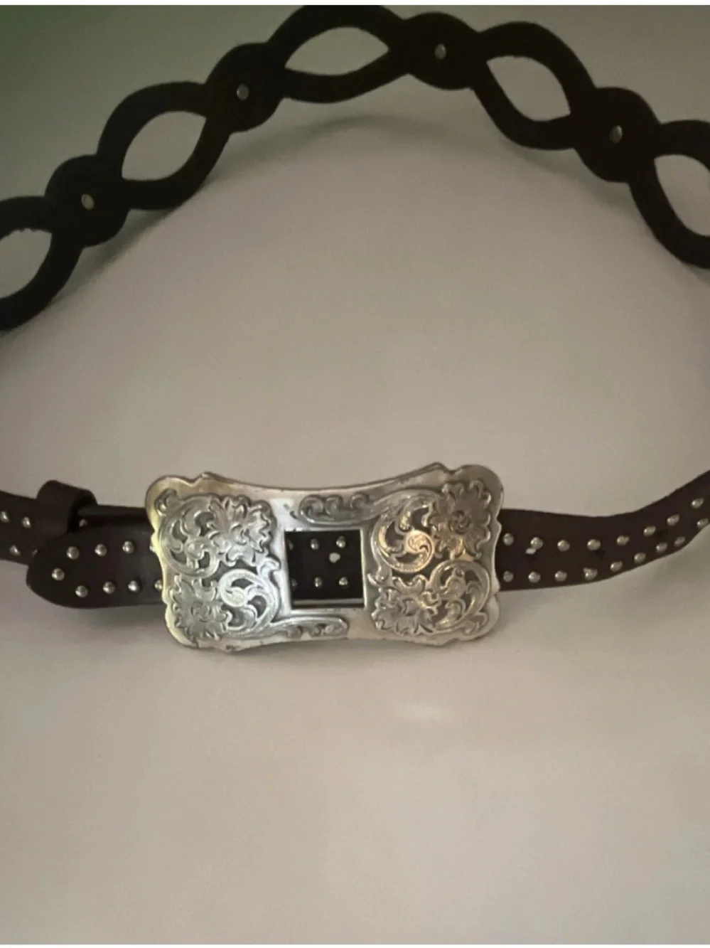 Women’s Adjustable Leather Belt with Silver Buckle and Conchos; Leather 40” long